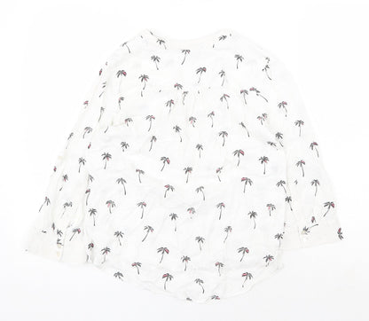 Atmosphere Womens White Geometric Viscose Basic Button-Up Size 8 V-Neck - Palm Tree Pattern