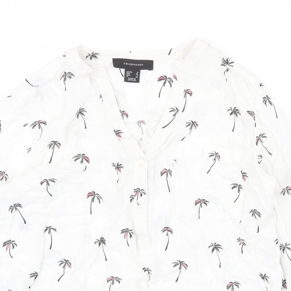Atmosphere Womens White Geometric Viscose Basic Button-Up Size 8 V-Neck - Palm Tree Pattern
