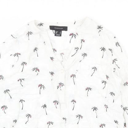 Atmosphere Womens White Geometric Viscose Basic Button-Up Size 8 V-Neck - Palm Tree Pattern