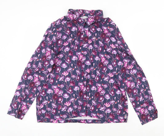 EWM Womens Purple Floral 100% Cotton Basic Button-Up Size L Collared