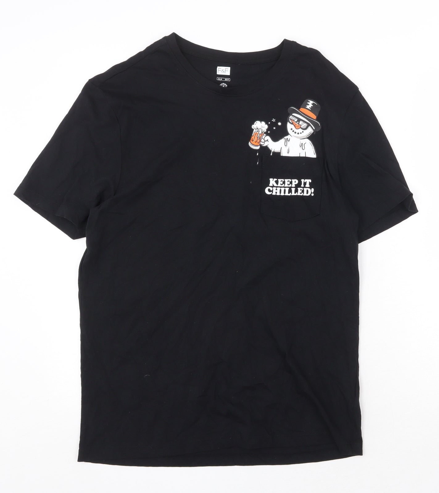 F&F Womens Black 100% Cotton Basic T-Shirt Size M Scoop Neck - Keep it Chilled Snowman