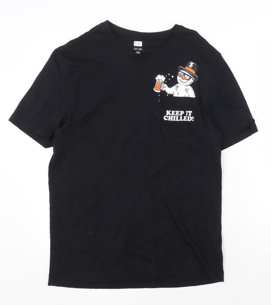 F&F Womens Black 100% Cotton Basic T-Shirt Size M Scoop Neck - Keep it Chilled Snowman