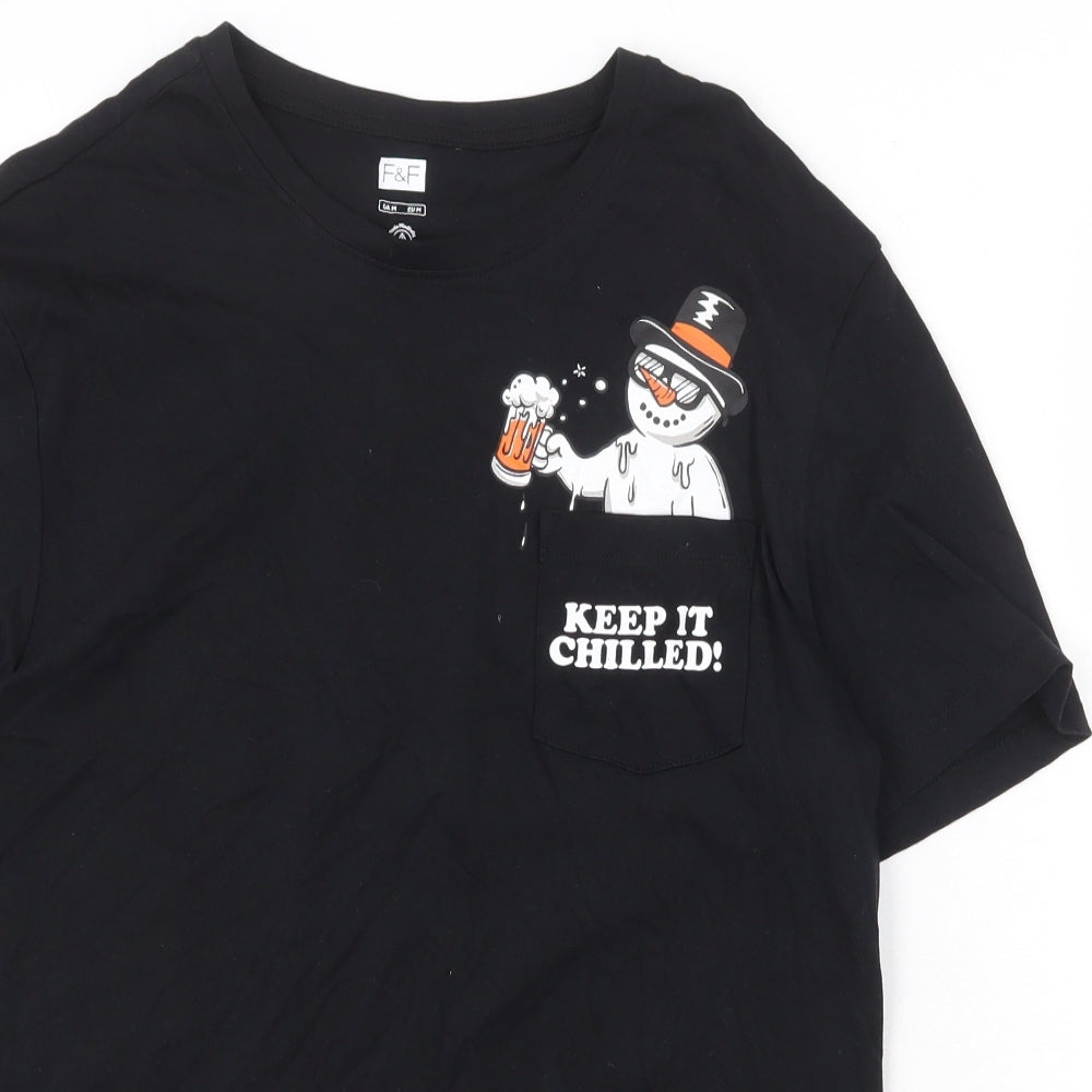 F&F Womens Black 100% Cotton Basic T-Shirt Size M Scoop Neck - Keep it Chilled Snowman
