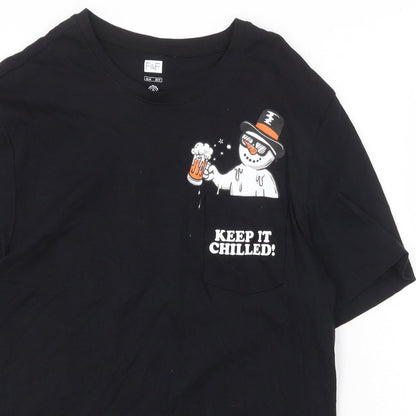 F&F Womens Black 100% Cotton Basic T-Shirt Size M Scoop Neck - Keep it Chilled Snowman