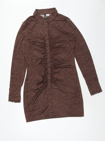 H&M Womens Brown Geometric Polyester Bodycon Size L Collared Button