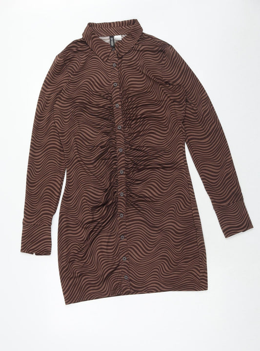 H&M Womens Brown Geometric Polyester Bodycon Size L Collared Button