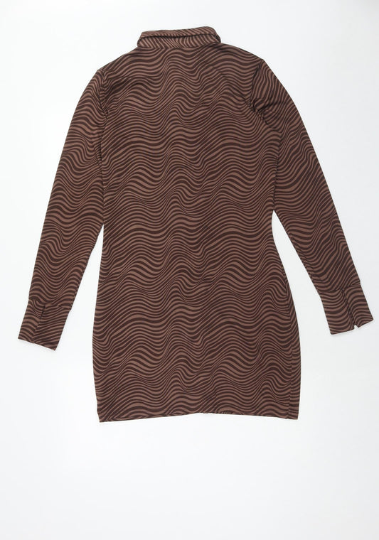 H&M Womens Brown Geometric Polyester Bodycon Size L Collared Button