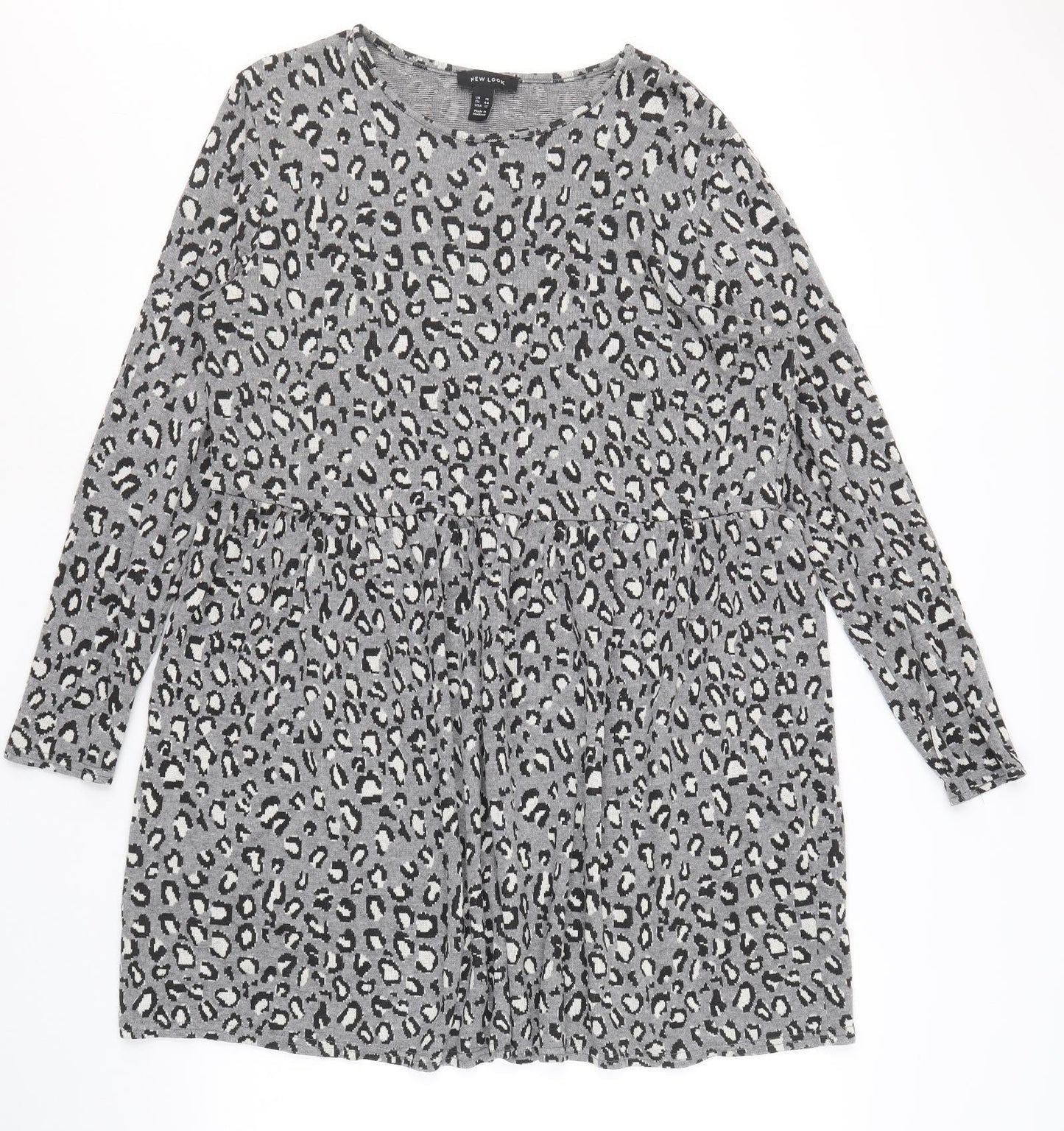 New Look Womens Grey Animal Print Viscose Trapeze & Swing Size 16 Round Neck Pullover - Leopard Pattern