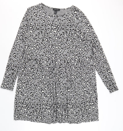 New Look Womens Grey Animal Print Viscose Trapeze & Swing Size 16 Round Neck Pullover - Leopard Pattern