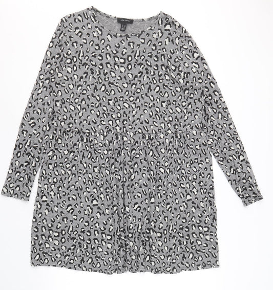 New Look Womens Grey Animal Print Viscose Trapeze & Swing Size 16 Round Neck Pullover - Leopard Pattern