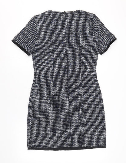 Warehouse Womens Blue Geometric Polyester A-Line Size 10 Round Neck Zip