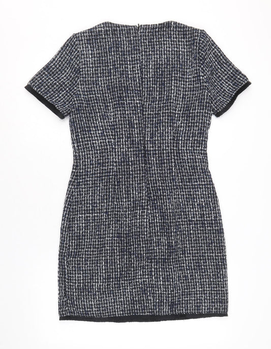 Warehouse Womens Blue Geometric Polyester A-Line Size 10 Round Neck Zip