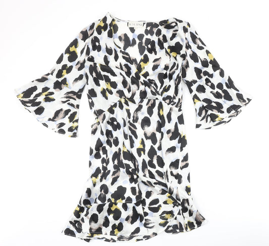 In the Style Womens Ivory Animal Print Polyester Fit & Flare Size 8 V-Neck Pullover - Leopard Pattern