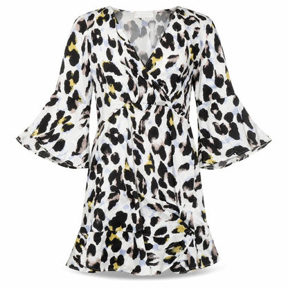 In the Style Womens Ivory Animal Print Polyester Fit & Flare Size 8 V-Neck Pullover - Leopard Pattern