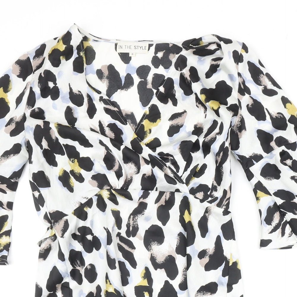 In the Style Womens Ivory Animal Print Polyester Fit & Flare Size 8 V-Neck Pullover - Leopard Pattern