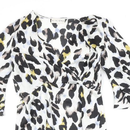 In the Style Womens Ivory Animal Print Polyester Fit & Flare Size 8 V-Neck Pullover - Leopard Pattern