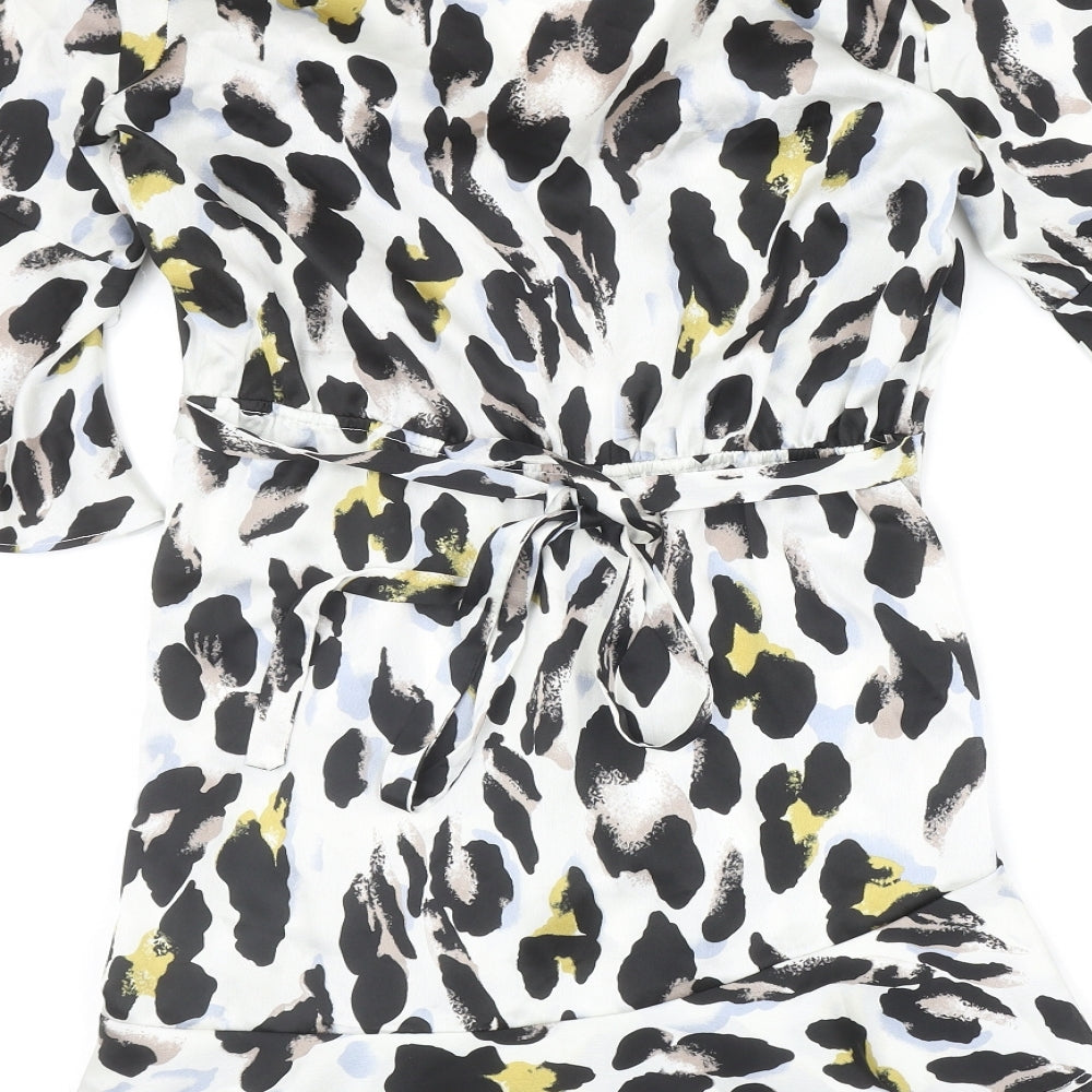 In the Style Womens Ivory Animal Print Polyester Fit & Flare Size 8 V-Neck Pullover - Leopard Pattern