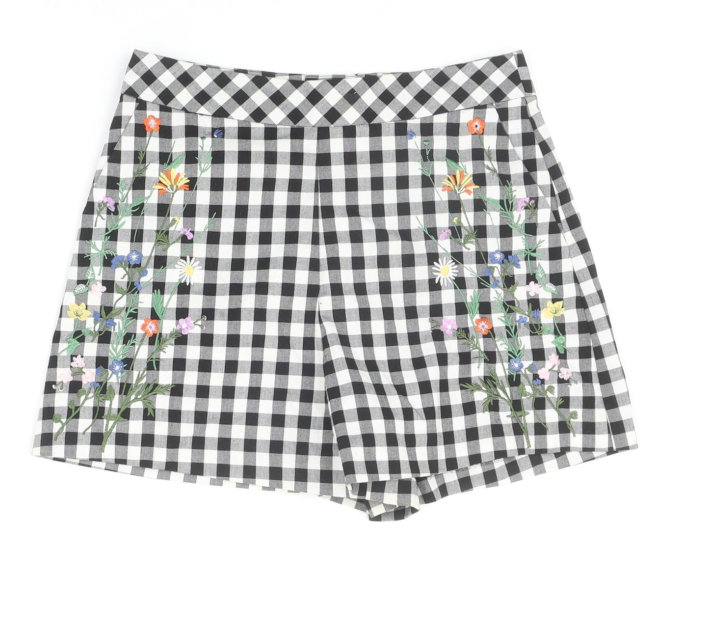 Topshop Womens Black Check Polyester Hot Pants Shorts Size 6 Regular Zip - Flower Detail