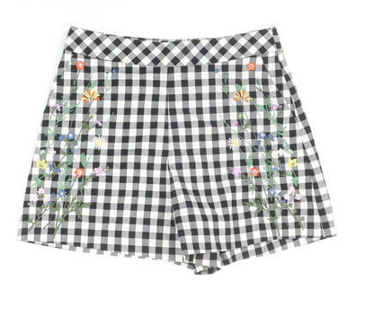 Topshop Womens Black Check Polyester Hot Pants Shorts Size 6 Regular Zip - Flower Detail