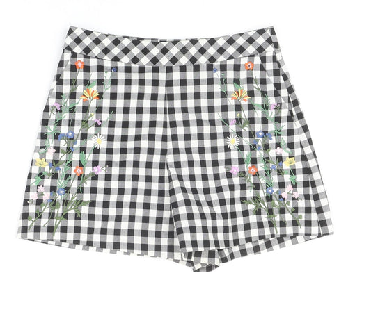 Topshop Womens Black Check Polyester Hot Pants Shorts Size 6 Regular Zip - Flower Detail