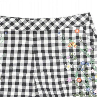 Topshop Womens Black Check Polyester Hot Pants Shorts Size 6 Regular Zip - Flower Detail