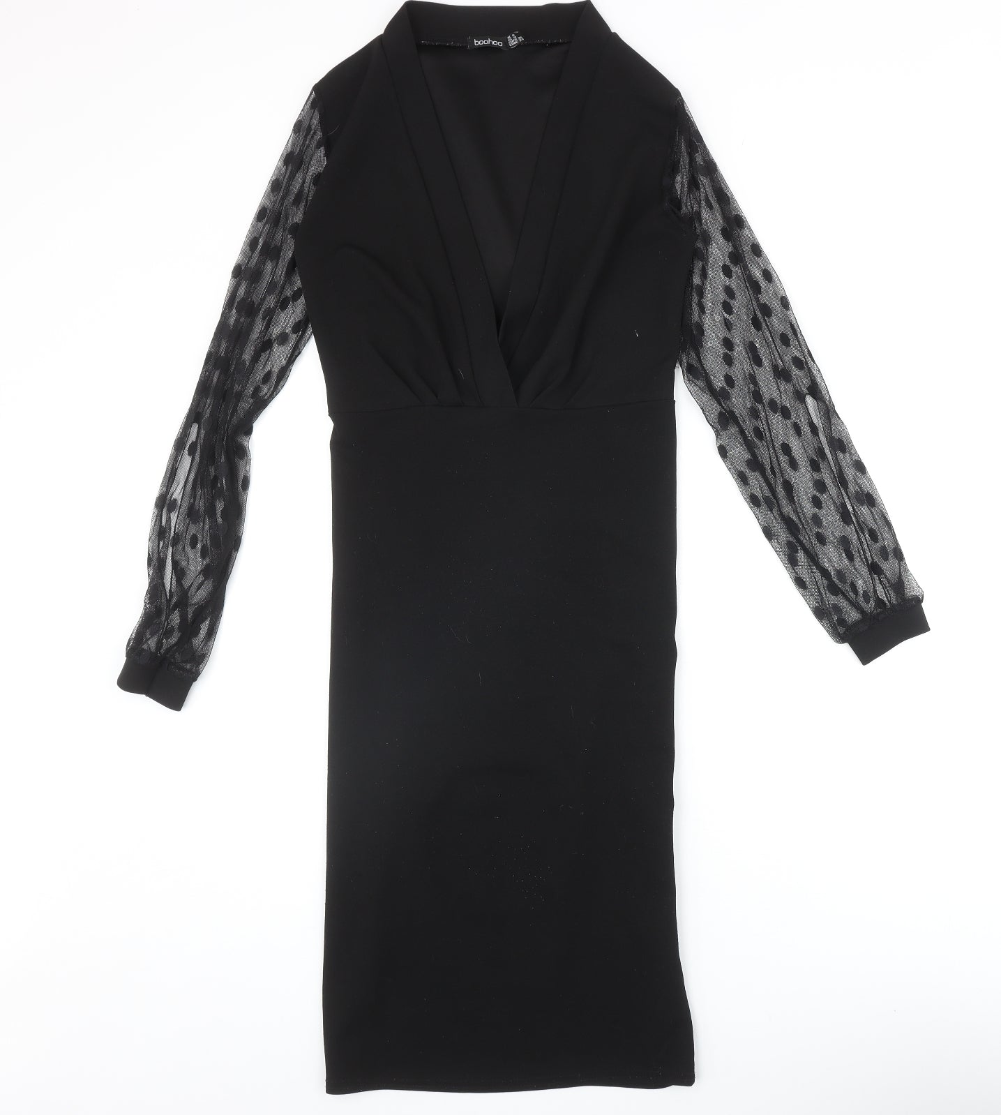 Boohoo Womens Black Polka Dot Polyester A-Line Size 8 V-Neck Pullover