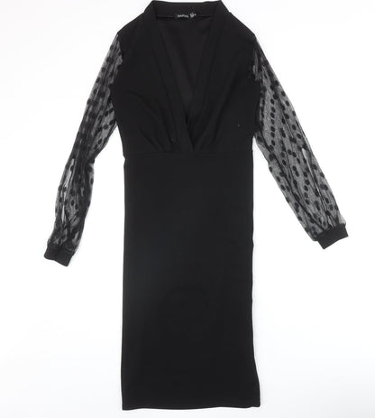 Boohoo Womens Black Polka Dot Polyester A-Line Size 8 V-Neck Pullover