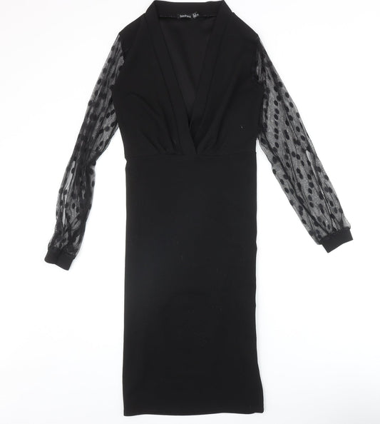 Boohoo Womens Black Polka Dot Polyester A-Line Size 8 V-Neck Pullover