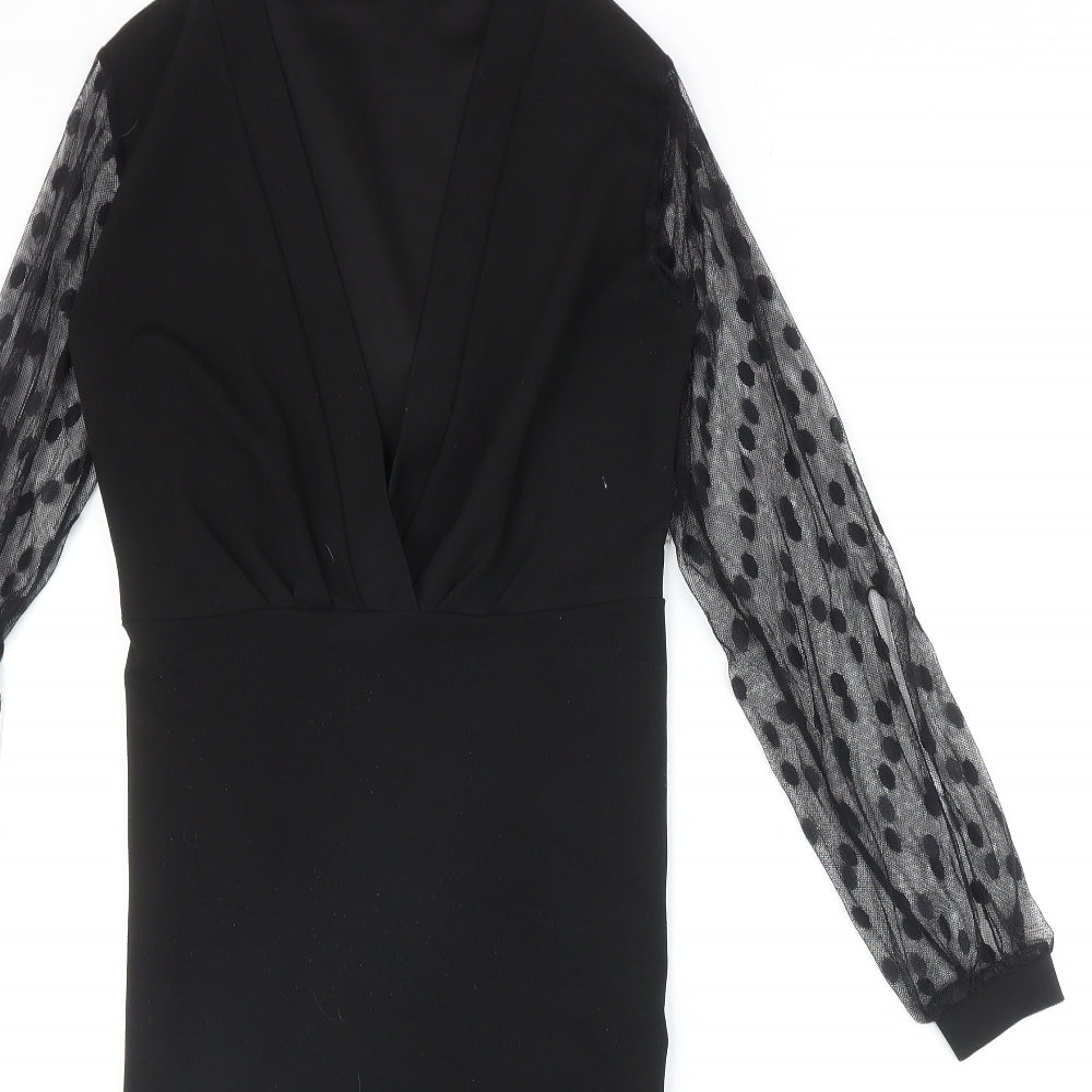 Boohoo Womens Black Polka Dot Polyester A-Line Size 8 V-Neck Pullover