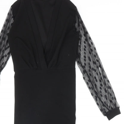 Boohoo Womens Black Polka Dot Polyester A-Line Size 8 V-Neck Pullover