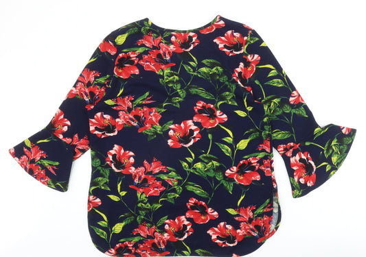 Izabel Womens Blue Floral Polyester Basic Blouse Size 12 Scoop Neck - Bell Sleeve