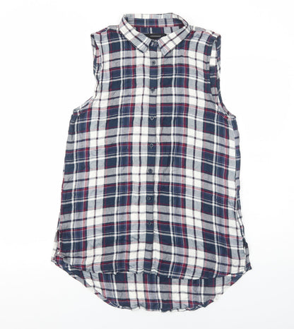 Primark Womens Blue Plaid Viscose Basic Button-Up Size 12 Collared