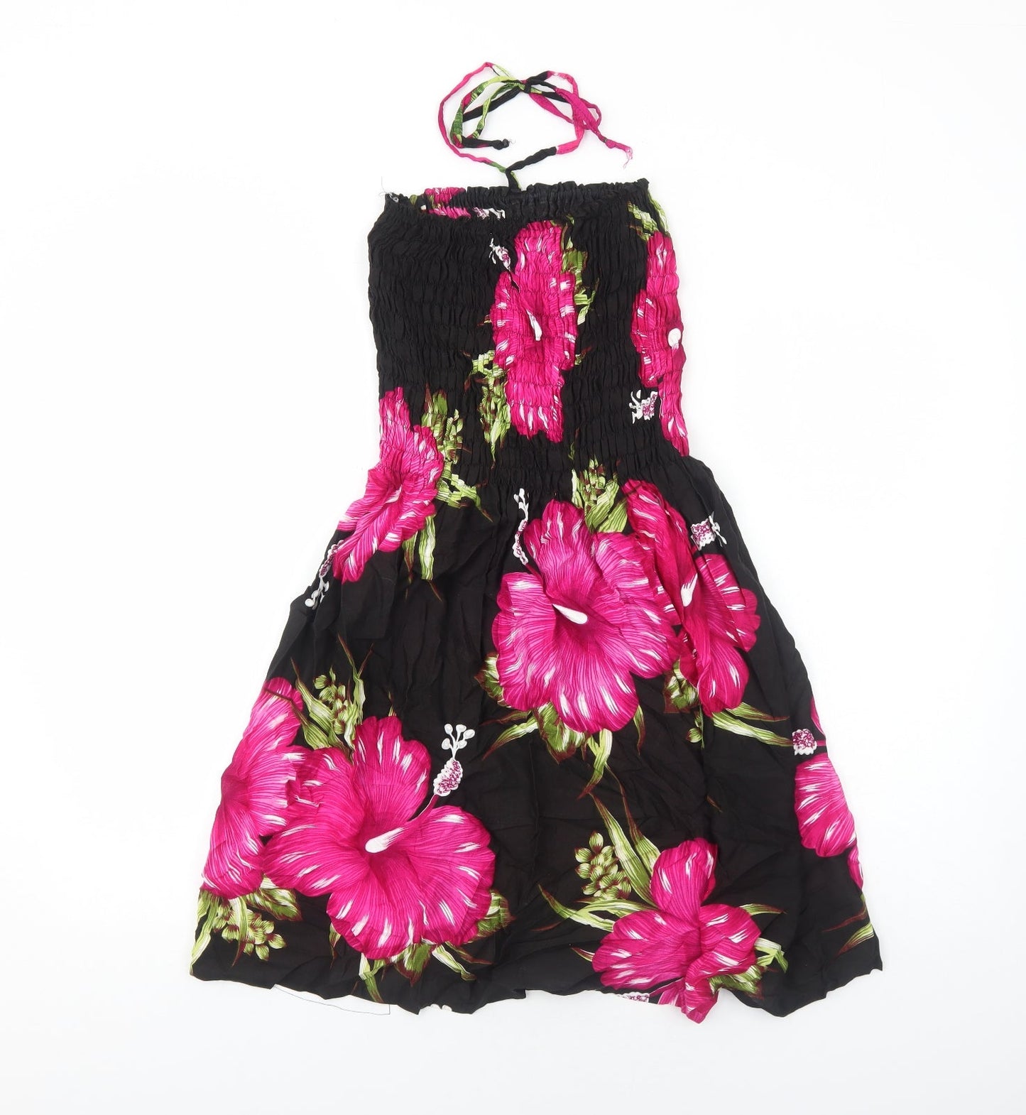 Mc.Clain Womens Black Floral Viscose Fit & Flare Size S Halter Pullover - Shirred