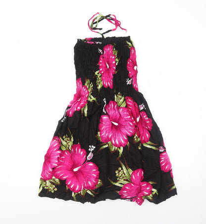 Mc.Clain Womens Black Floral Viscose Fit & Flare Size S Halter Pullover - Shirred