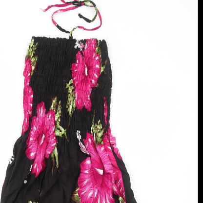 Mc.Clain Womens Black Floral Viscose Fit & Flare Size S Halter Pullover - Shirred