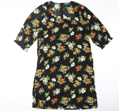 Studio Womens Black Floral Polyester A-Line Size 16 V-Neck Zip