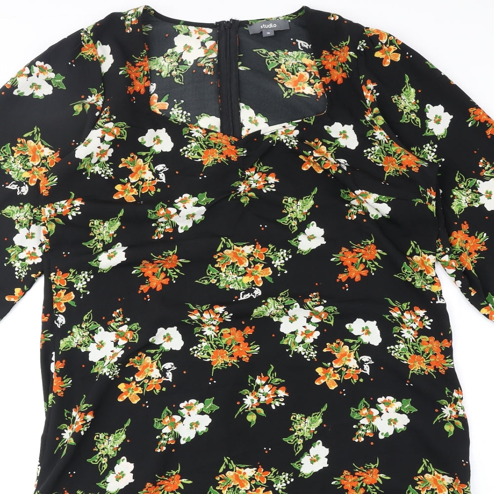 Studio Womens Black Floral Polyester A-Line Size 16 V-Neck Zip