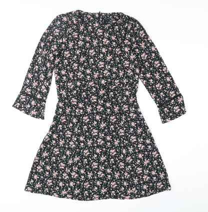 Divided by H&M Womens Black Floral Polyester A-Line Size 8 Round Neck Zip