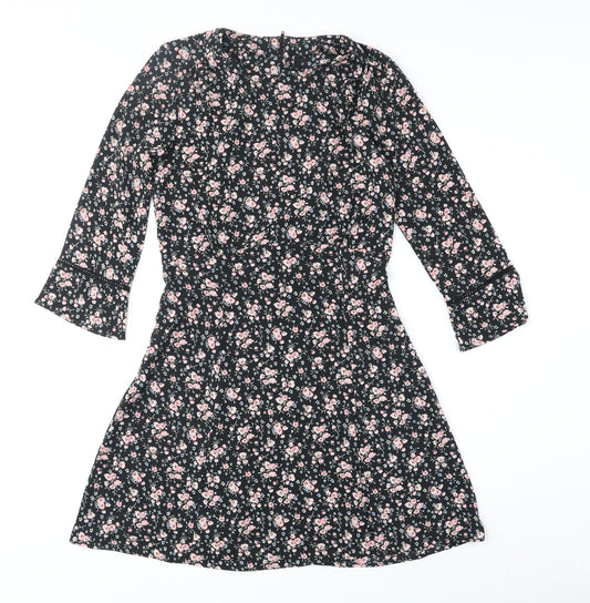 Divided by H&M Womens Black Floral Polyester A-Line Size 8 Round Neck Zip