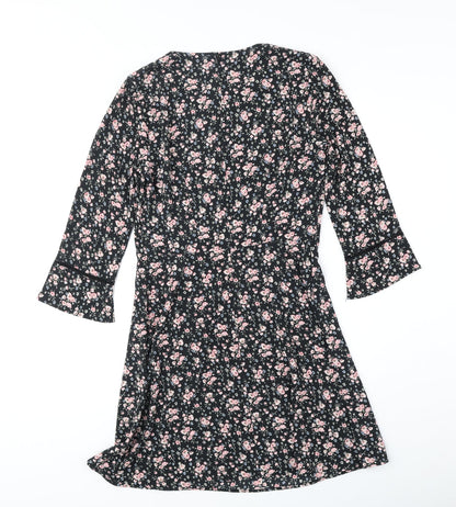 Divided by H&M Womens Black Floral Polyester A-Line Size 8 Round Neck Zip