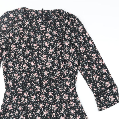 Divided by H&M Womens Black Floral Polyester A-Line Size 8 Round Neck Zip