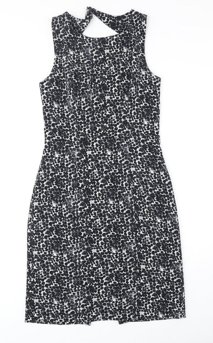 H&M Womens Black Geometric Polyester A-Line Size 8 Round Neck Zip