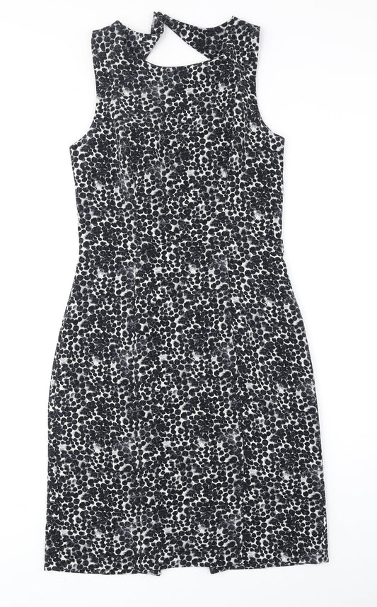 H&M Womens Black Geometric Polyester A-Line Size 8 Round Neck Zip