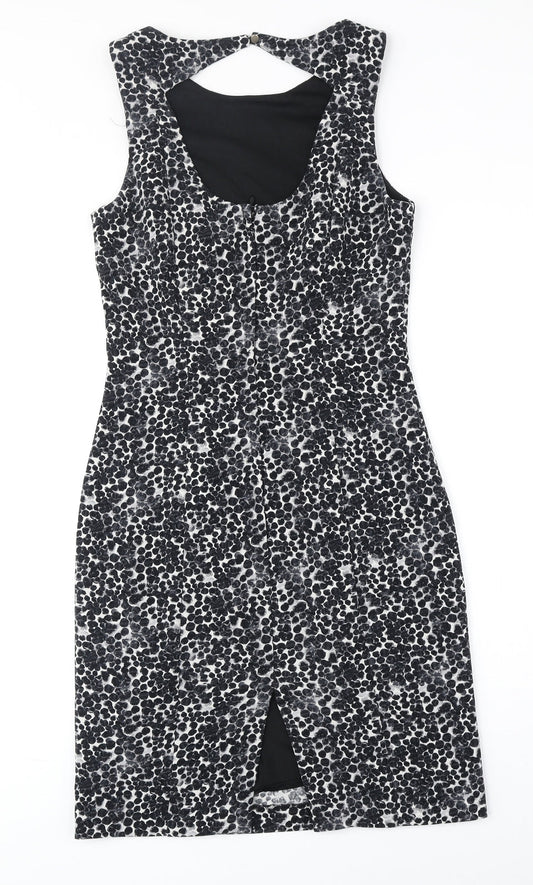 H&M Womens Black Geometric Polyester A-Line Size 8 Round Neck Zip