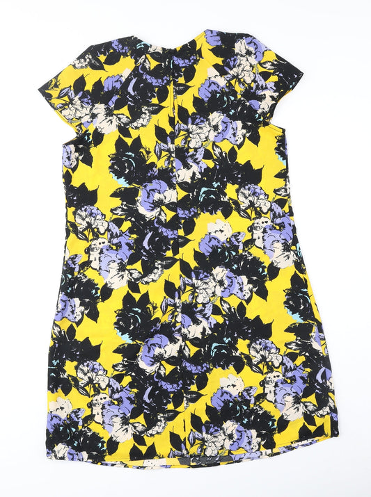 River Island Womens Yellow Floral Polyester Shift Size 10 Scoop Neck Button