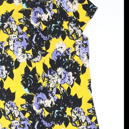 River Island Womens Yellow Floral Polyester Shift Size 10 Scoop Neck Button
