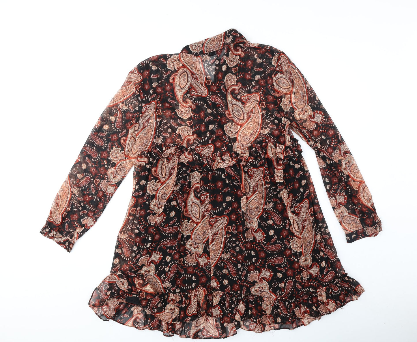 Zara Womens Orange Paisley Polyester Shirt Dress Size S Collared Button