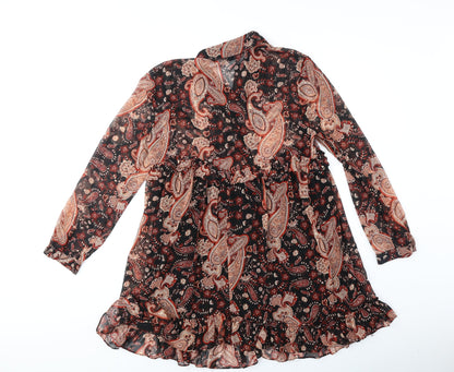 Zara Womens Orange Paisley Polyester Shirt Dress Size S Collared Button