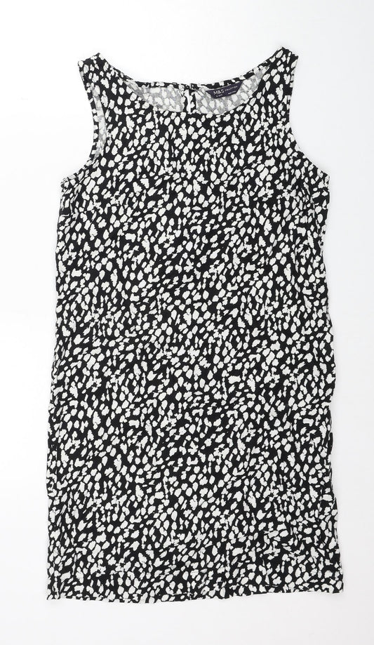Marks and Spencer Womens Black Geometric Linen A-Line Size 6 Round Neck Button