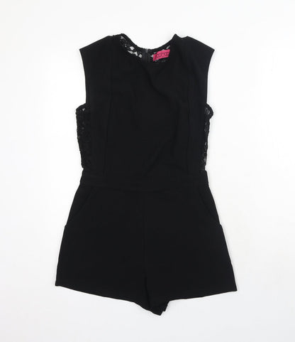 Boohoo Womens Black Polyester Playsuit One-Piece Size 6 Zip - Lace Detail